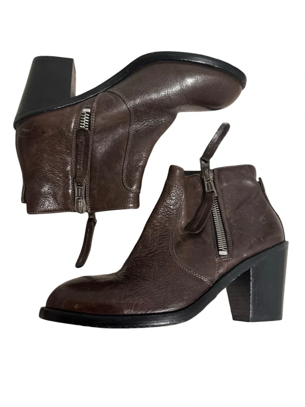 275 Central Brown Italian Leather Ankle Boots - Two-Side Zip Block Heel 40/9.5